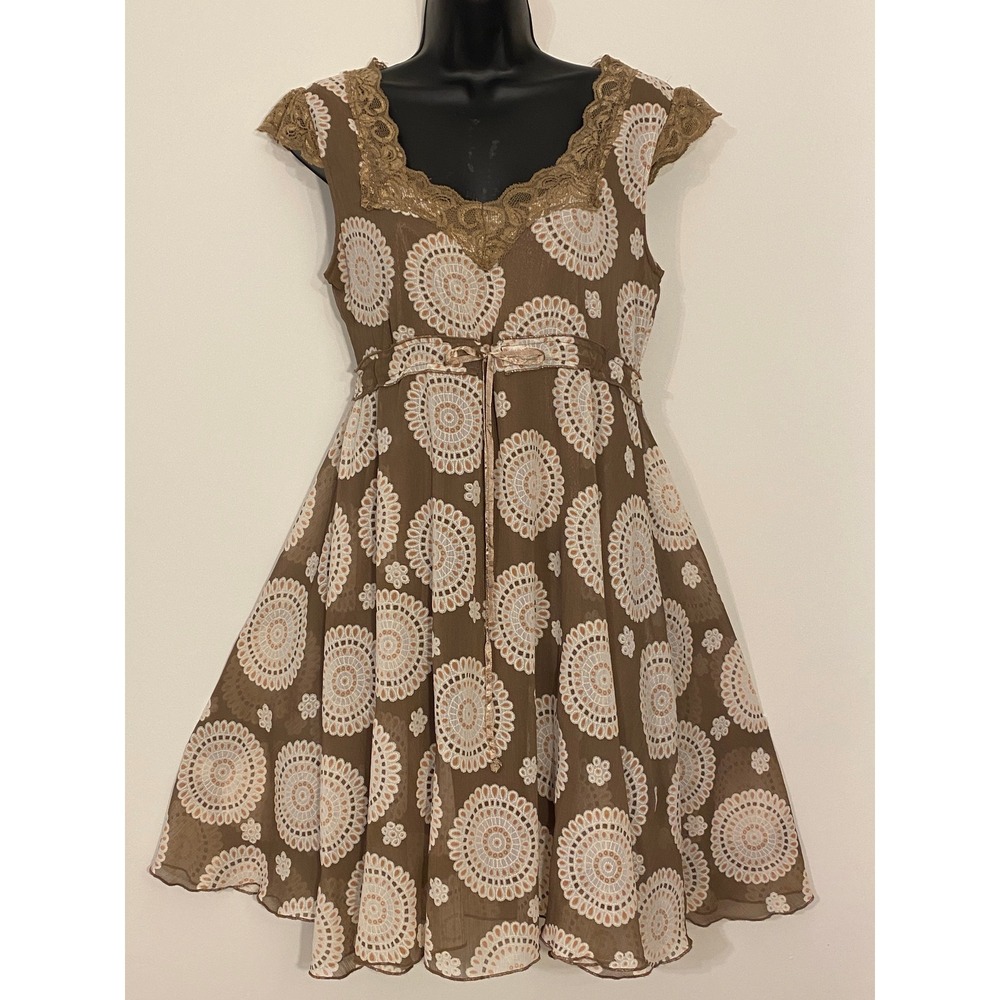 Charlotte Russe Brown Medallion Lace Trim Babydoll Dress Womens Medium Y2K